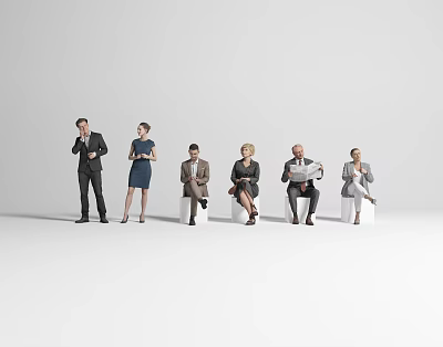 Group of Business People in Formal Attire Standing and Sitting on White Background 3d model