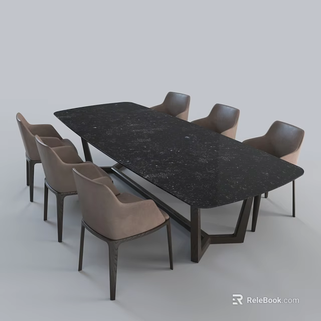 Modern Rectangular Dining Table Set With Black Marble Top And Six Light Brown Chairs 3d model