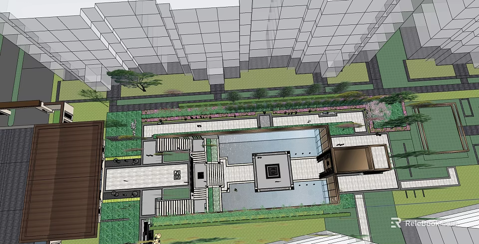 Garden Landscape Design With Pathways Greenery Water Feature And Plant Layout 3d model 