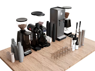 Stylish Coffee Kitchen Utensils With Espresso Machines Grinders Cups And Containers On Wooden Table 3d model