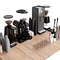 Stylish Coffee Kitchen Utensils With Espresso Machines Grinders Cups And Containers On Wooden Table