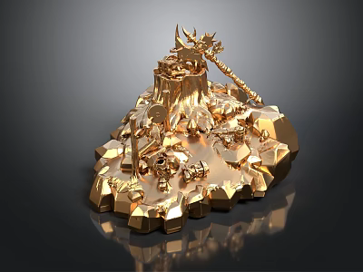 Golden Mythical Mountain 3D Model With Ornate Weapon Decorations And Rocky Textures 3d model
