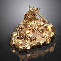 Golden Mythical Mountain 3D Model With Ornate Weapon Decorations And Rocky Textures