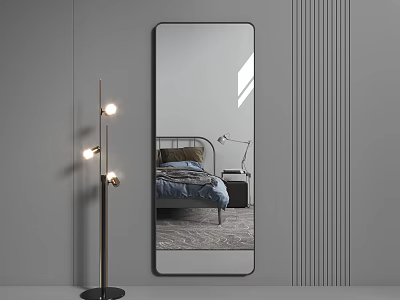 Full Length Mirror In Modern Bedroom With Floor Lamp And Bed 3d model
