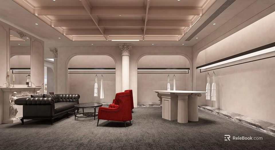 Modern Luxury Clothing Store Interior With Red Chair White Table Arched Doors And Columns 3d model 