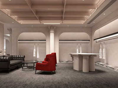 Modern Luxury Clothing Store Interior With Red Chair White Table Arched Doors And Columns 3d model
