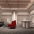 Modern Luxury Clothing Store Interior With Red Chair White Table Arched Doors And Columns