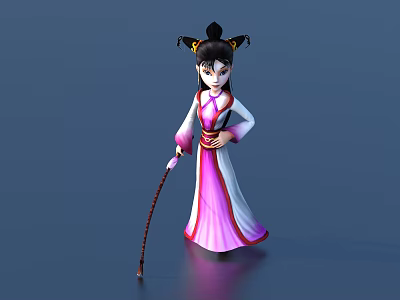 Game And Movie Character In Traditional Pink White Robe With Bun Hairstyle And Long Staff 3d model