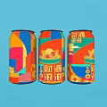 Three Colorful Canned Drinks with Vibrant Geometric Patterns on Blue Background