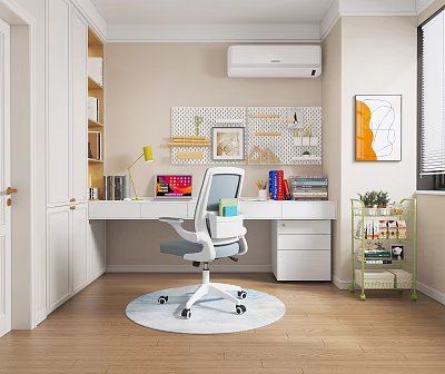 Modern Study Room With White Desk Office Chair Decorative Pegboard Computer Monitor And Potted Plant 3d model