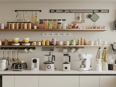 Well Organized Modern Kitchen Interior With Open Shelves Jars Mugs And Various Kitchen Appliances 3d model