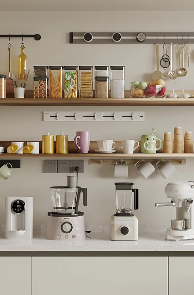 Well Organized Modern Kitchen Interior With Open Shelves Jars Mugs And Various Kitchen Appliances 3d model