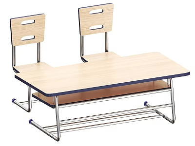 Simple Study Table And Chair Set With Wooden Top And Metal Frame 3d model