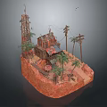 Rustic Building Structure With Palm Trees Utility Poles Drilling Tower And Red Sandy Ground 3d model