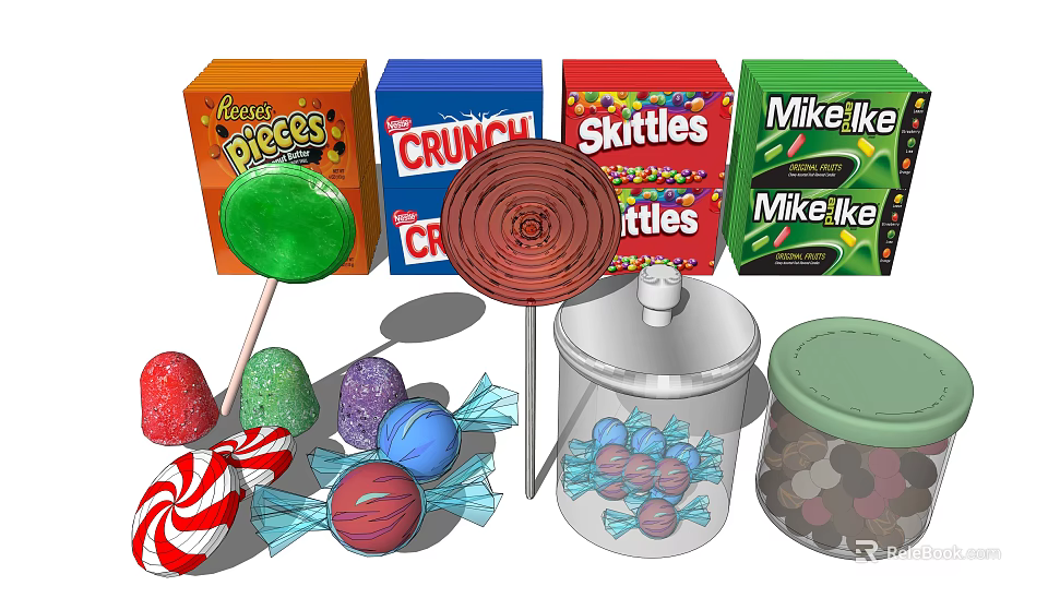 Colorful Assorted Candy Collection With Lollipops Brand Boxes And Jars 3d model 