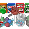 Colorful Assorted Candy Collection With Lollipops Brand Boxes And Jars