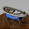 Blue Bathtub With Gold Legs White Foam Dinosaur Toy And Metal Stand On Wooden Floor