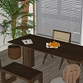 Stylish Wooden Dining Table Set With Chairs Potted Plant And Fruit Bowl