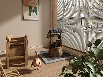Indoor Scene With Wooden Chair Small Well Bird Figure Window Blinds And Green Plant 3d model