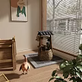 Indoor Scene With Wooden Chair Small Well Bird Figure Window Blinds And Green Plant