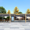 Public Transport Bus Stop Modern Covered Structure with Billboards Bicycle Parking and Trees