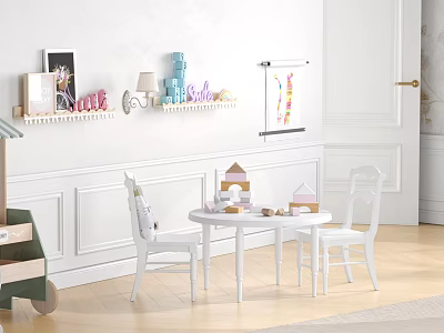 White Kids Desk With Wall Shelves Books Table Lamp Decorations And Cart On Light Floor 3d model