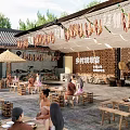 Rural Park Landscape With Outdoor Dining Area Traditional Decorations Wooden Tables And Hanging Meat Trees