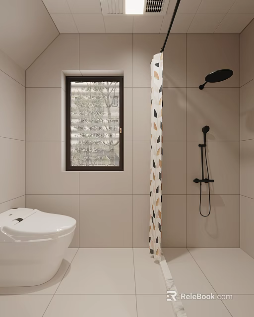 Modern Bathroom Interior with White Toilet Window with Blinds Beige Tiles and Black Shower Fixtures 3d model 