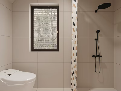Modern Bathroom Interior with White Toilet Window with Blinds Beige Tiles and Black Shower Fixtures 3d model