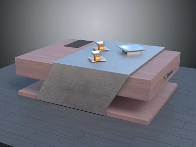 Modern Wooden Coffee Table With Drawers Gray Cloth Orange Objects And Silver Tray 3d model