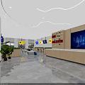 Modern Service Hall Interior With Reception Counter Large Blue Screen Green Plants And Bright Lighting