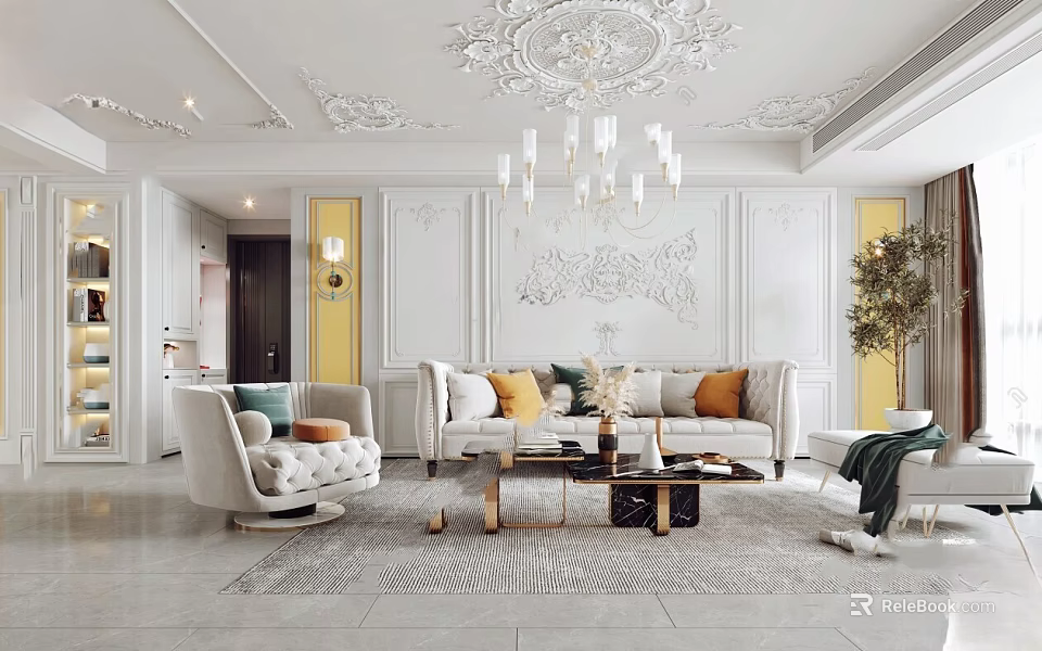 Elegant Living Dining Area With Ornate Ceiling Wall Panels And Sofa 3d model