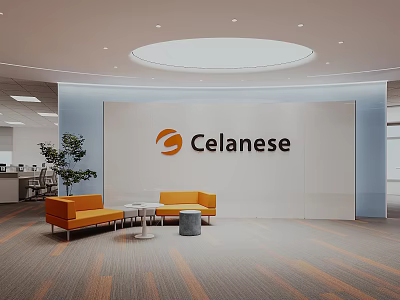 Celanese Modern Reception Area With Orange Sofas Round Coffee Tables And Green Plant 3d model