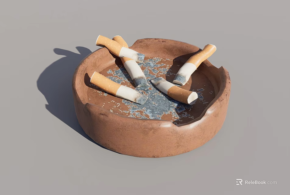 Brown Ceramic Ashtray With Cigarettes And Ashes For Home Living 3d model 