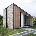 Modern Detached Villa Exterior With Large Glass Windows Wooden Panels And Green Lawn