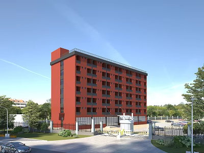 Red Multi Storey School Building With Trees Parking Area And Entrance 3d model