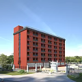 Red Multi Storey School Building With Trees Parking Area And Entrance