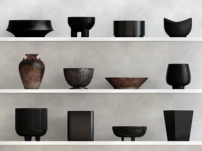 Stylish Ceramic Vessels Display On White Shelves With Black And Brown Bowls Vases And Jars 3d model