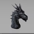 Detailed Dragon Head Sculpture With Spiked Horns And Gray Textured Surface Design