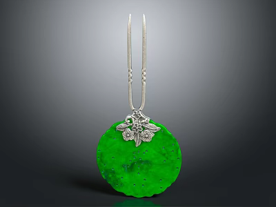 Elegant Green Jade Pendant With Silver Floral Design And Circular Shape 3d model