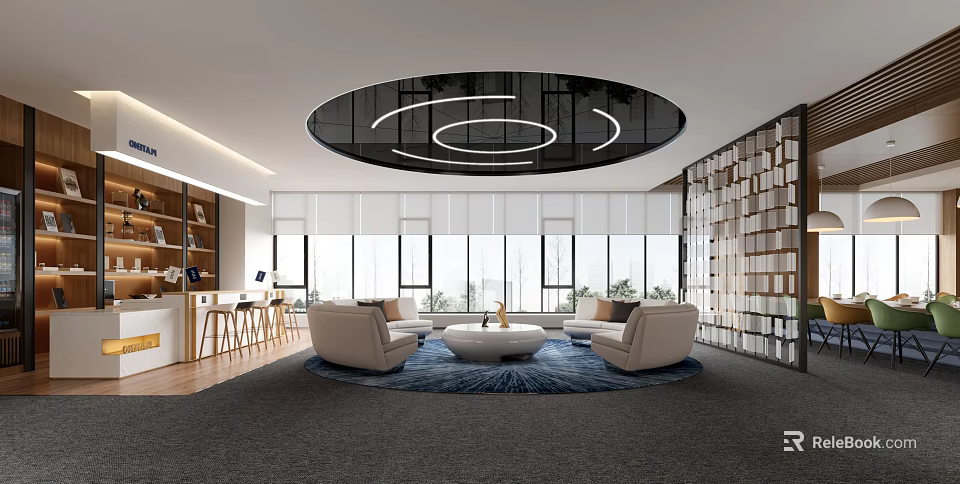 Modern Tea Room Interior With Circular Black Ceiling Large Windows White Sofas And Coffee Table 3d model