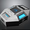 Modern Futuristic Tech Device Featuring Blue Illuminated Panels Central Logo And Sleek White Finish