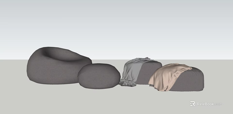 Gray Single Sofa With Round Ottoman And Soft Blankets In Modern Interior 3d model