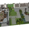 Courtyard Garden With Outdoor Dining Area Tables Chairs Green Plants Stone Pathways And Lawn