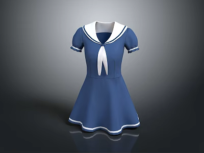 Blue Sailor Style Dress With White Collar Short Sleeves And Ribbon Tie 3d model