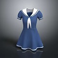 Blue Sailor Style Dress With White Collar Short Sleeves And Ribbon Tie