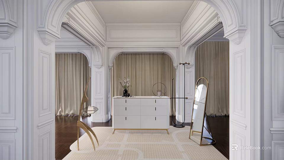 Elegant Entryway With Arched Doorways White Console Table Floor Mirror Decorative Items Light Curtains 3d model 