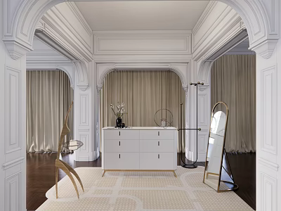 Elegant Entryway With Arched Doorways White Console Table Floor Mirror Decorative Items Light Curtains 3d model