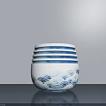 Succulent Plant in Blue and White Ceramic Pot with Wave Pattern on Gray Surface