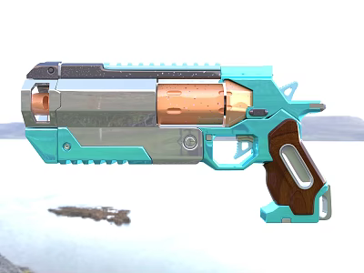 Futuristic Turquoise Gun With Silver Copper Accents And Wooden Grip Sleek Design 3d model